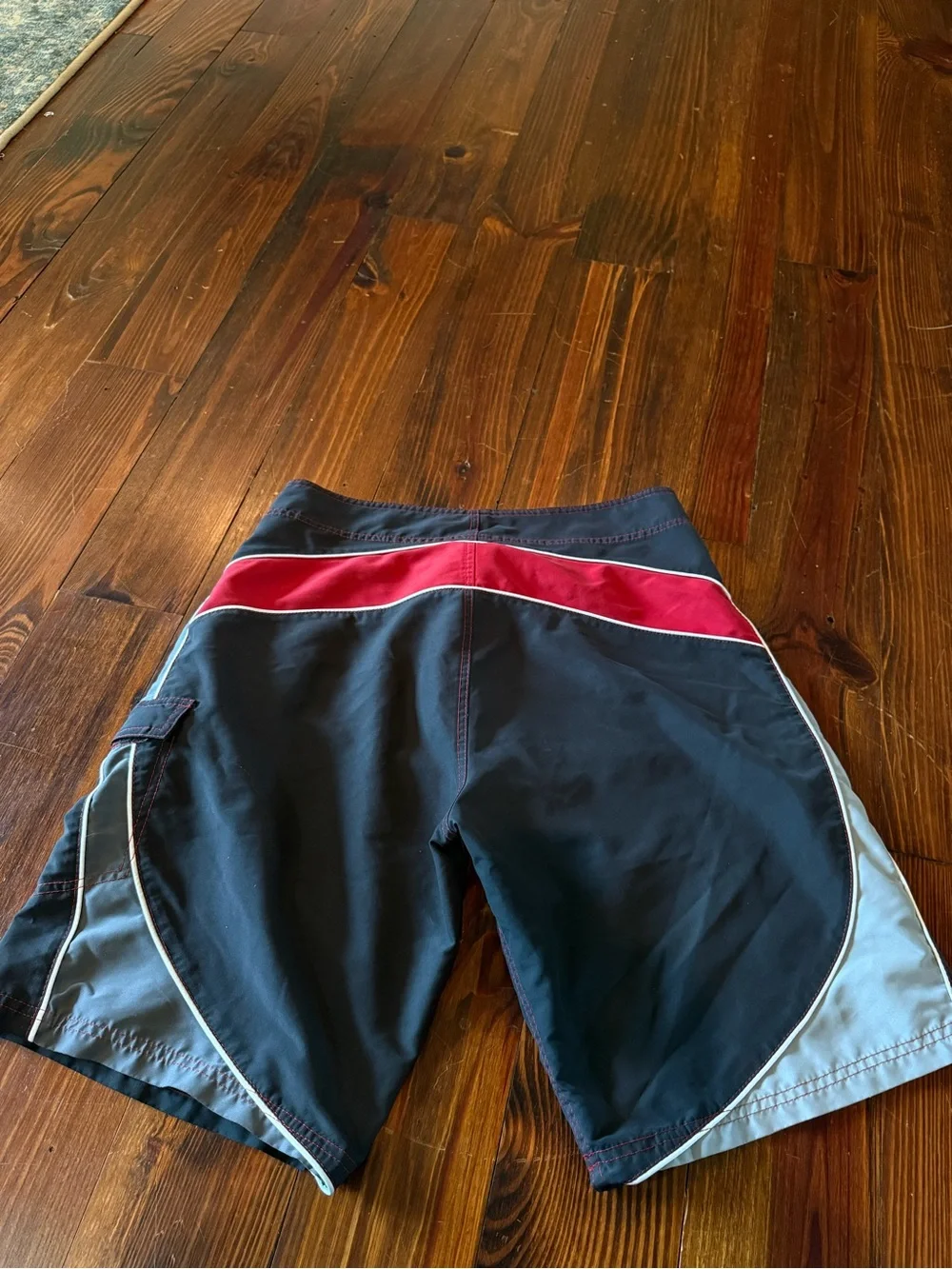 Arizona Jean Company Black Swim Board Shorts with Red and Gray Panels